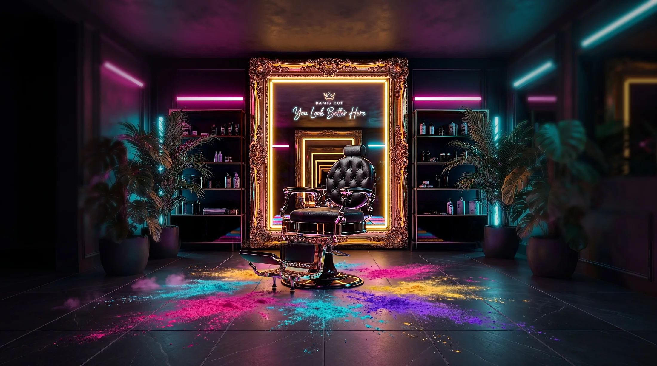 Inside Rami's Cut: a barber chair under a neon-lit mirror with a pink and cyan LED floor